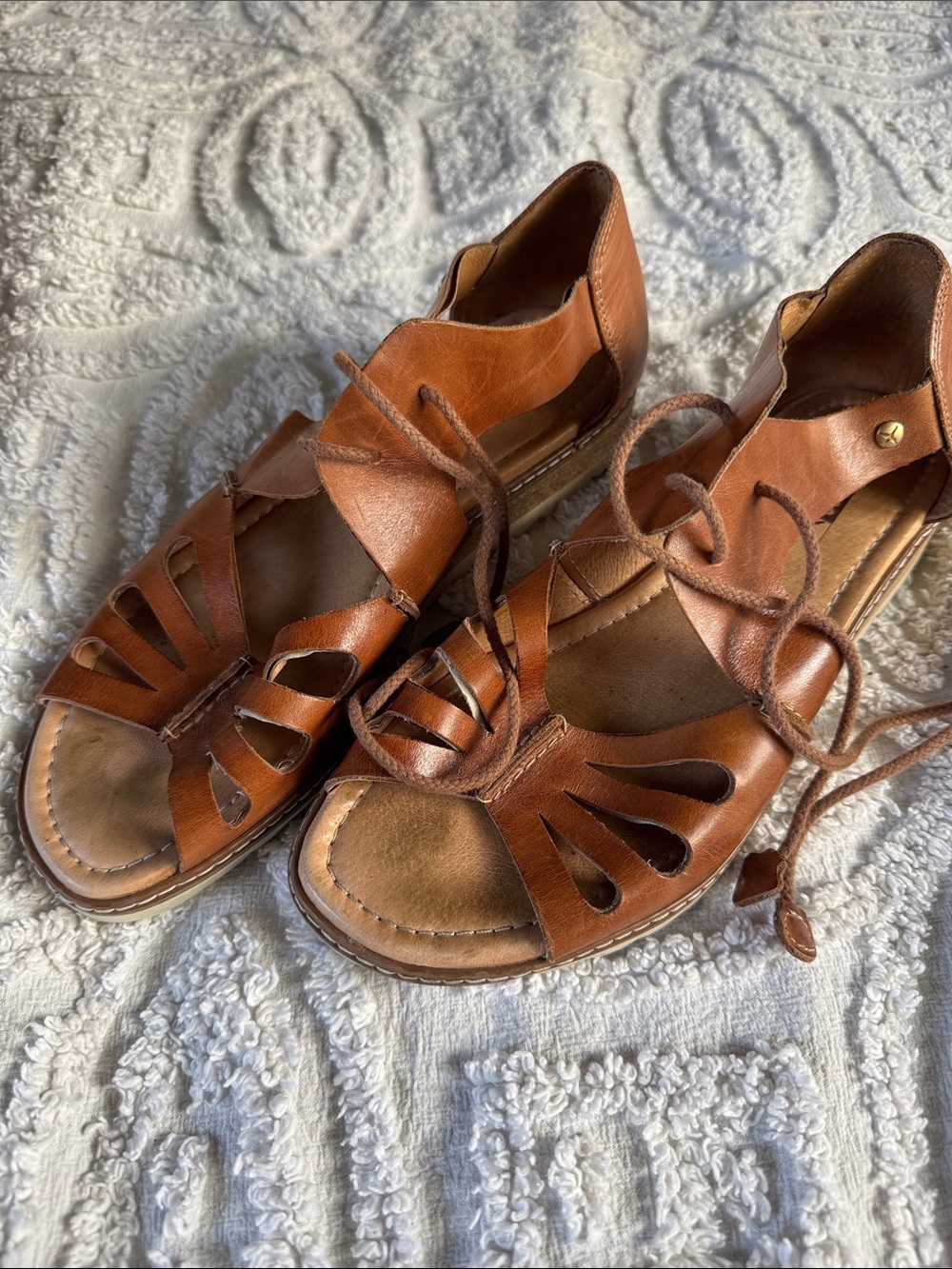 PIKOLINOS Tan Brown Leather Lace-Up Cutout Sandals